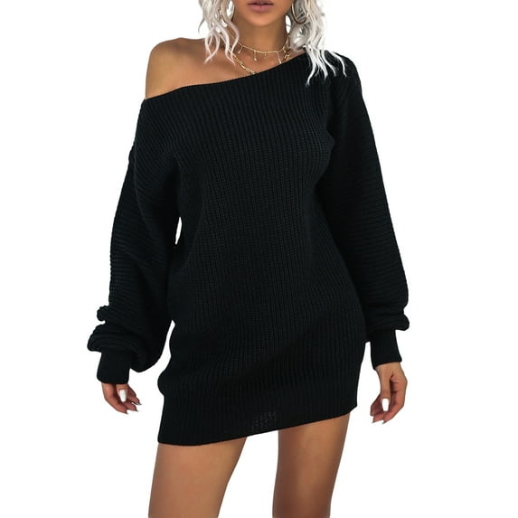 Lamuusaa Women's Off Shoulder Sweater Dress Long Sleeve Solid Color Loose Knit Dress Fall Mini Dress