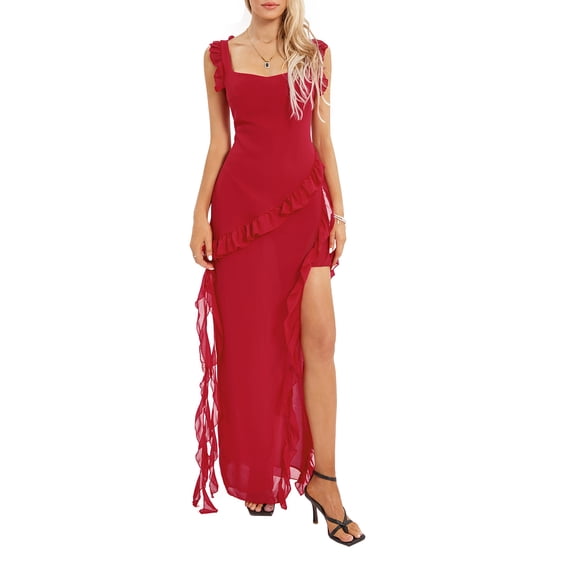 Lamuusaa Women´s Ruffle Long Dress, Sleeveless High Split Dress Summer Bodycon Dress