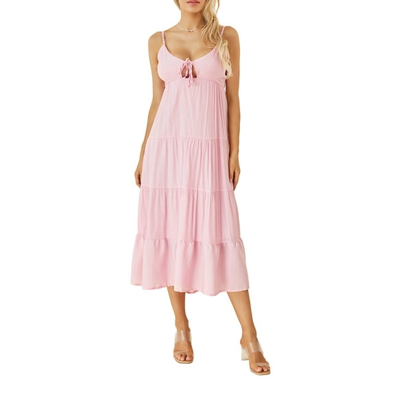 Lamuusaa Women's Summer Dress Solid Color Spaghetti Strap Backless Tie-Up Party Beach A-line Dress