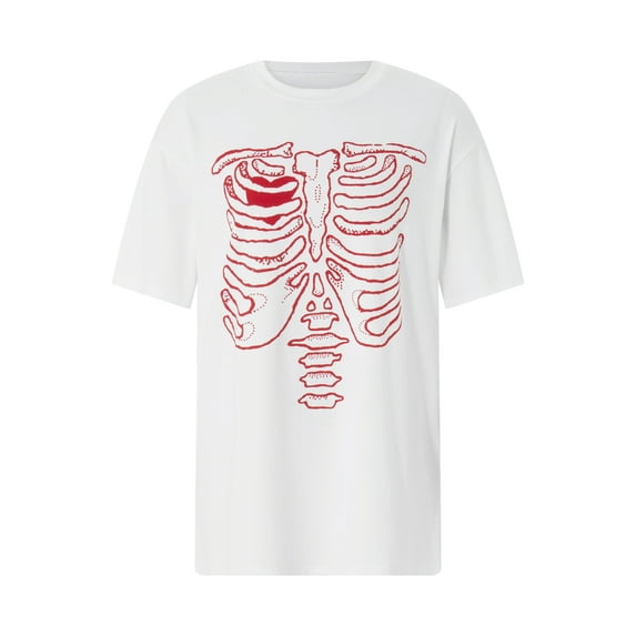 Lamuusaa Women's Summer Loose T-shirt Tops Short Sleeve Round Neck Cartoon Bone Print Party Blouse