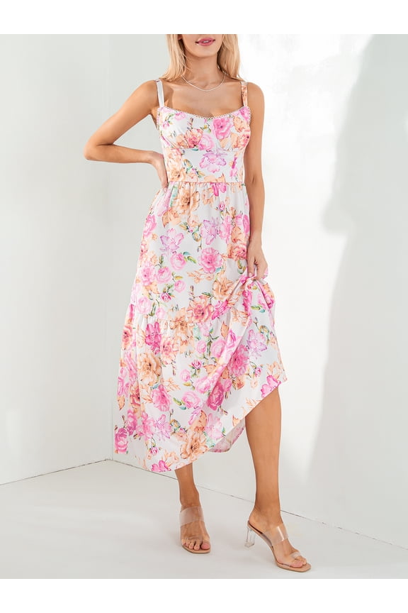 Women's Summer Midi Dress, Casual Sleeveless Floral Print Flowy A-Line Tank Dress