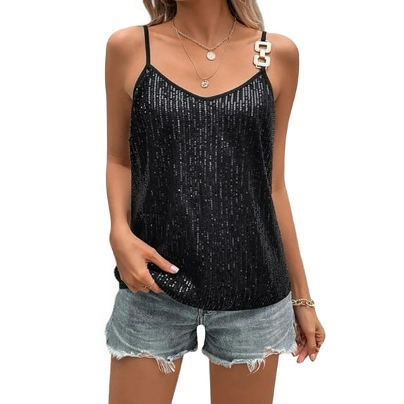 Lamuusaa Women´s Summer Sequin Cami Tops Spaghetti Strap V-Neck Sparkle Shimmer Loose Sleeveless Tanks Tops
