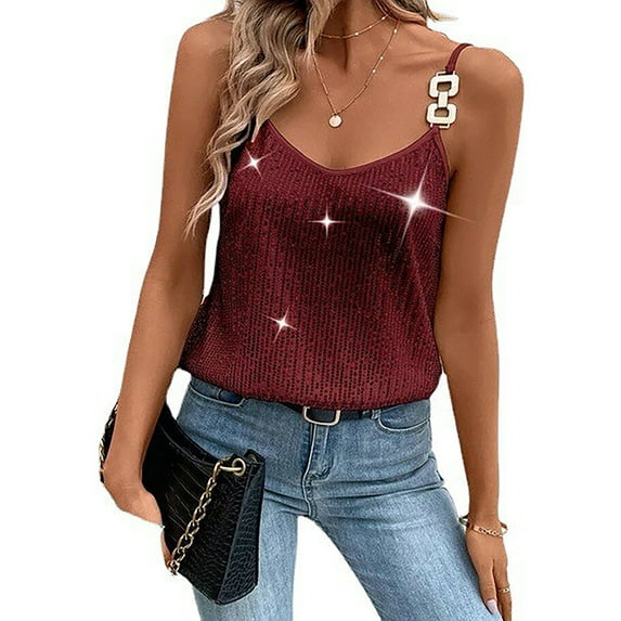 Lamuusaa Women´s Summer Sequin Cami Tops Spaghetti Strap V-Neck Sparkle Shimmer Loose Sleeveless Tanks Tops