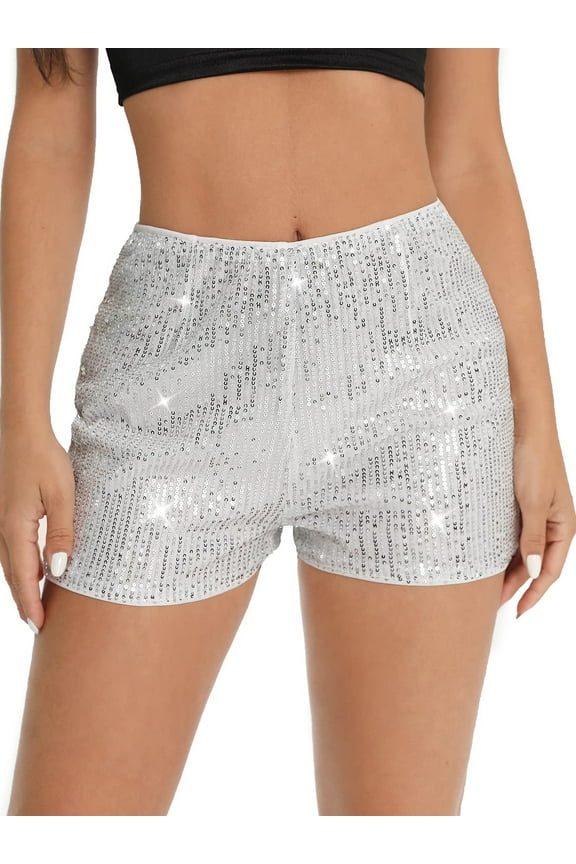 Women's Summer Sequins Shorts Mid Waist Elastic Band Sparkly Straight Leg Shorts