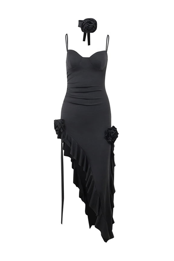 Women's Summer Slim Sling Dress Solid Color Sleeveless Halter Irregular Ruffle Flower Decor Dress