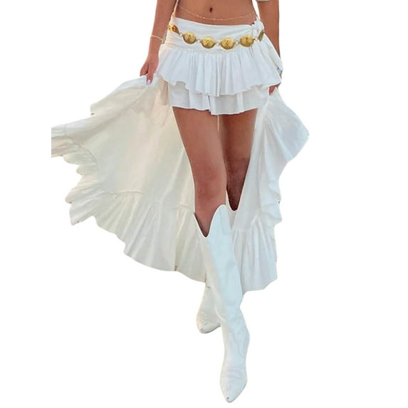 Lamuusaa Women´s White Boho Skirt Irregular Ruffle Asymmetrical Midi Skirt