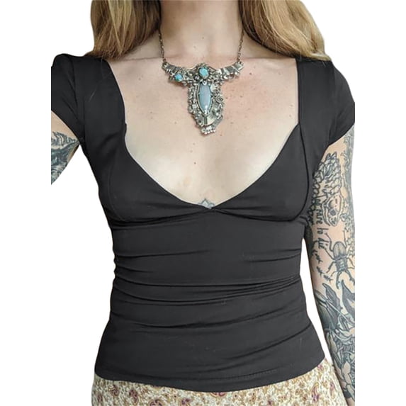 Lamuusaa Womenacute;s Deep V Neck Tops, Casual Short Sleeve Low Cut Solid Color Slim Fit T-Shirts