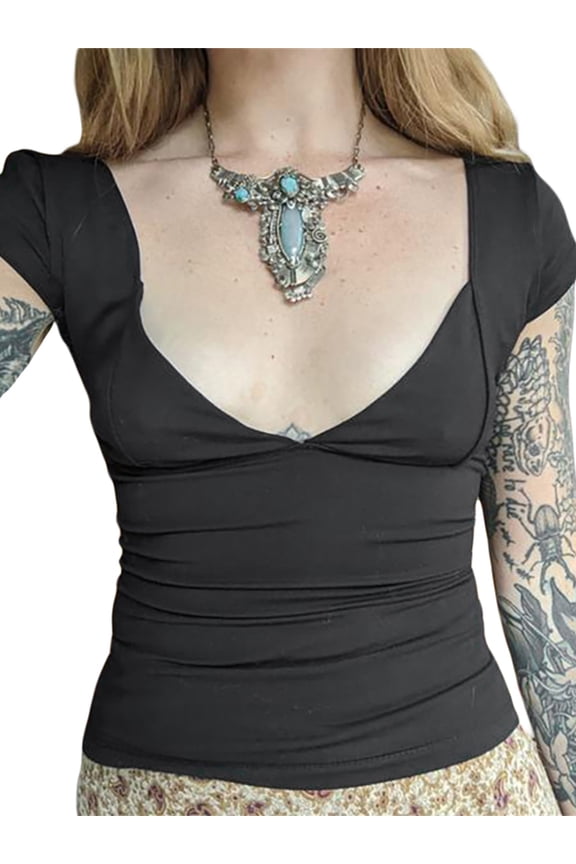 Womenacute;s Deep V Neck Tops, Casual Short Sleeve Low Cut Solid Color Slim Fit T-Shirts