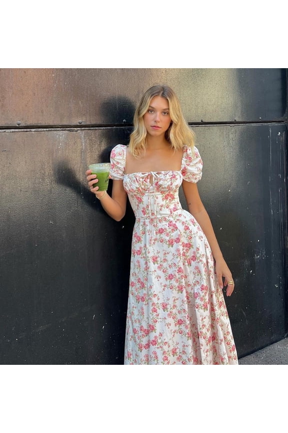 Womenacute;s Summer Casual Short Sleeve Square Neck Elastic Wais Dresses for Women 2024