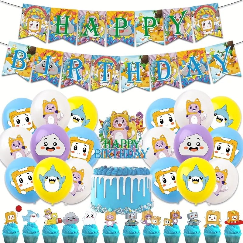 Lan_ky_Box Kids Birthday Party Decoration Kit with Banner, Cake Topper, Cupcake Toppers and Balloons, 46 PCS