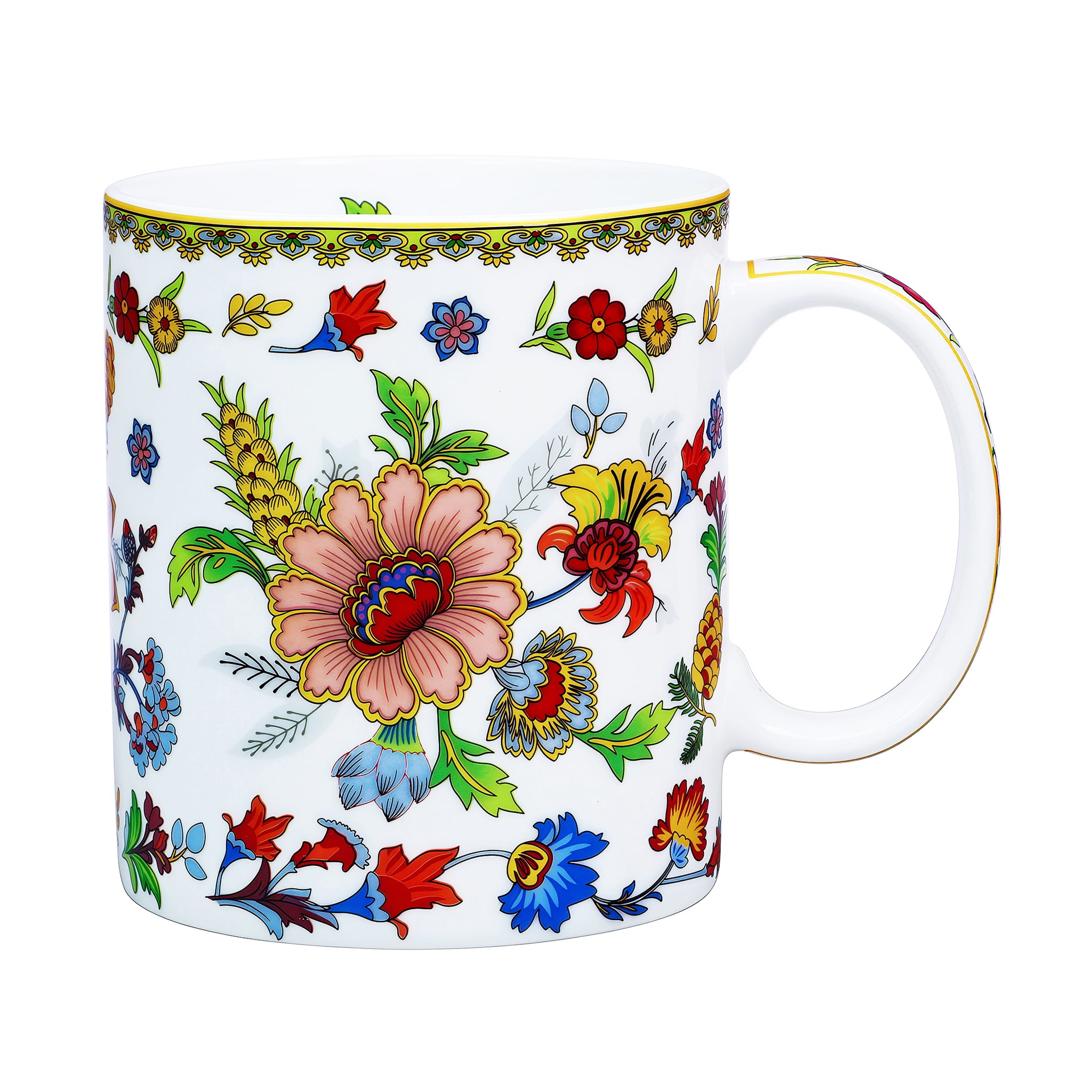 LanHong 12 oz Bone China Coffee Mug, Floral Coffee Tea Cup with Handle,  Microwave and Dishwasher Safe Coffee Cup Gift for Friend Colleague Dad Mom