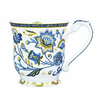 Coastline Imports Blue Magnolia Bone China Trumpet Mugs - Set Of 4, 11 Ounce Capacity