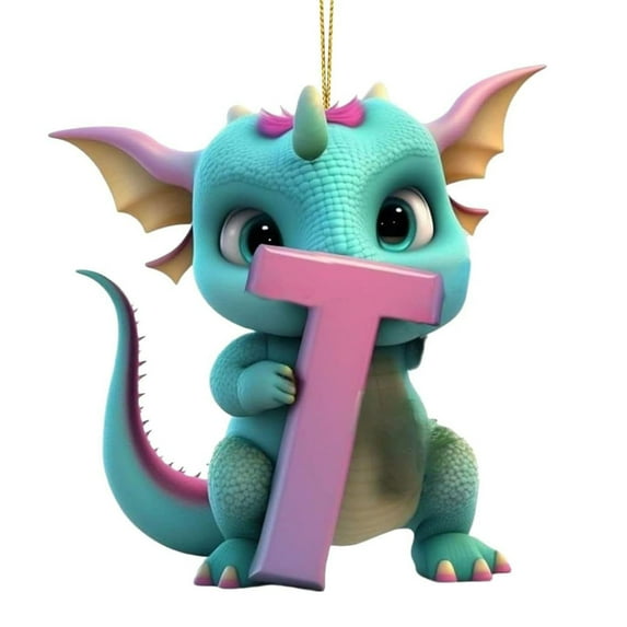 LanSuare 26 Letter Christmas Ornaments, 3.1Inch Colorful Dinosaur Shape Christmas Letter Tree Hanging Pendant, Xmas Initial for DIY Craft Ornaments(T)