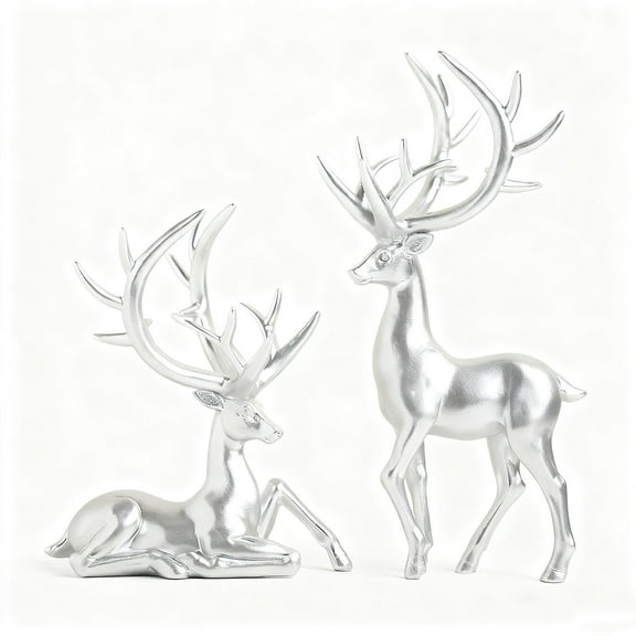 LanSuare 2Pcs Christmas Resin Reindeer Figurines, Seated and Standing Elegant Lucky Deer, Reindeer Statues Ornaments for Living Room, TV Cabinet, Office Wine Cabinet Decoration, Silver