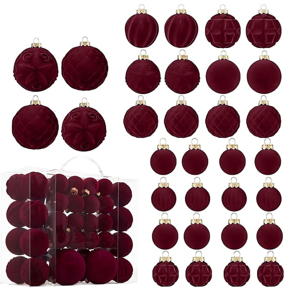 LanSuare 46Pcs Velvet Flocked Christmas Ornaments Balls, Soft-Touch Shatterproof Plastic Hanging Ornament Balls for Holiday Tree Decor, Festival Party Decor(Multiple Sizes, Red)