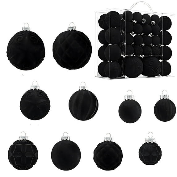 LanSuare 46Pcs Velvet Flocked Christmas Ornaments Balls, Soft-Touch Shatterproof Plastic Hanging Ornament Balls for Holiday Tree Decor, Festival Party Decor(Multiple Sizes, Black)