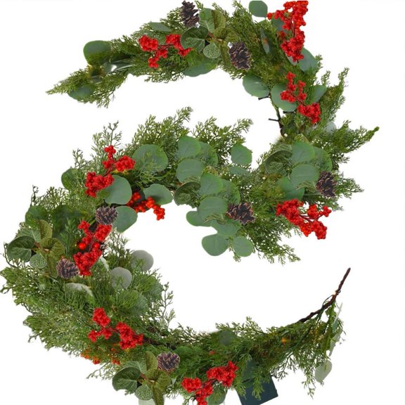 LanSuare 5.9FT Christmas Cedar Garland, Artificial Garlands with Pine Cones Red Berries Eucalyptus Leaves, Faux Winter Garland for Table, Mantle, Fireplace, Xmas Decorations