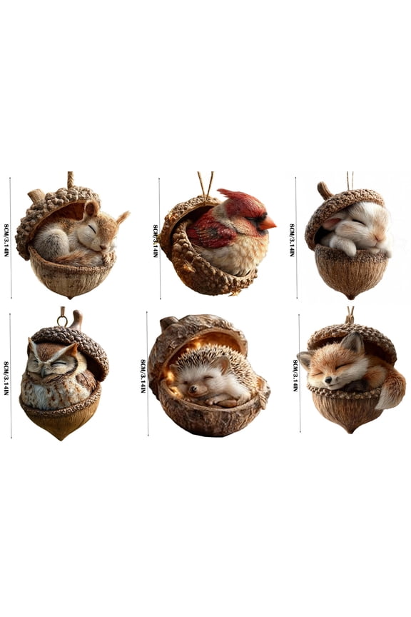 5Pcs 3D Forest Animal Acorn Ornaments, 3.1" Woodland Animal Christmas Ornaments, Resin Personalized Hanging Ornament for Backpack Keychain, Christmas Tree Decor