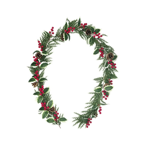 LanSuare 6.4FT Christmas Norfolk Pine Garland with Red Berries Pine Cones and Eucalyptus Leaves, Suitable for Holiday Season, Mantel, Fireplace, Table Runner Centerpiece, Indoor Outdoor Decor