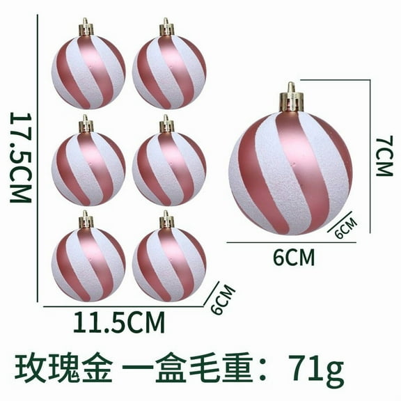 LanSuare 6Pcs Christmas Balls Ornaments, 2.3" Stripe Shatterproof Painted Xmas Hanging Ball Ornaments for Xmas Tree Decor, Party Accessories Decor(Rose Gold)