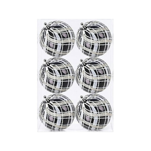 LanSuare 6Pcs Christmas Balls Ornaments, White-Black Plaid Pattern Glittering Hanging Balls, Shatterproof Ornaments for Xmas Tree, Party Decoration(2.3/3.1Inch)