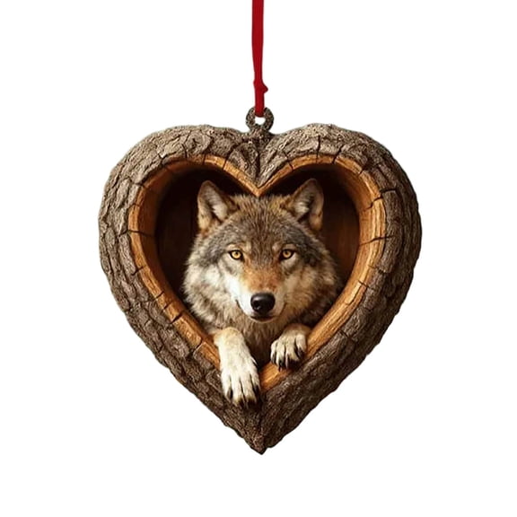 LanSuare Animal Ornaments for Christmas Tree, 3.1" 2D Heart-shape Acrylic Forest Animal Christmas Ornaments, Christmas Hanging Ornament, Gift for Animal Lovers (Wolf)