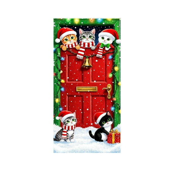LanSuare Christmas Door Cover Decoration, Cute Cat Xmas Background Banner Door Covers, Christmas Photo Booth Props for Winter Party Decorations, 35x71Inch