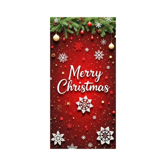 LanSuare Christmas Door Cover Decoration, Merry Snowflake Xmas Background Banner Door Covers, Christmas Photo Booth Props for Winter Party Decorations, 35x71Inch