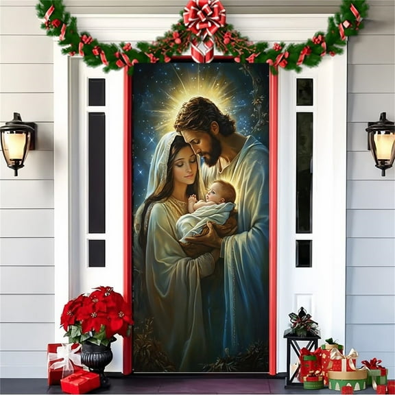 LanSuare Christmas Door Cover Decoration, Nativity Scene Xmas Background Banner Door Covers, Christmas Photo Booth Props for Winter Party Decorations Supplies, 35x71Inch