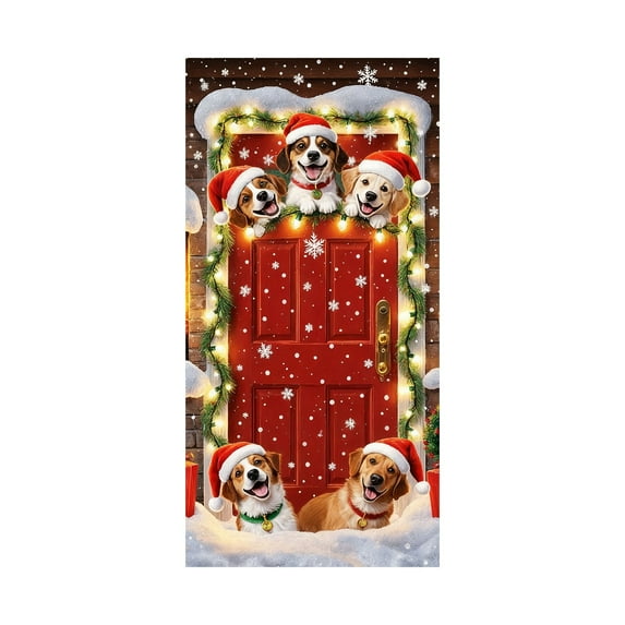 LanSuare Christmas Door Cover Decoration, Snowflake Cute Dog Xmas Background Banner Door Covers, Christmas Photo Booth Props for Winter Party Decorations, 35x71Inch