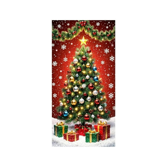 LanSuare Christmas Door Cover Decoration, Xmas Tree Snowflake Background Banner Door Covers, Christmas Photo Booth Props for Winter Party Decorations, 35x71Inch