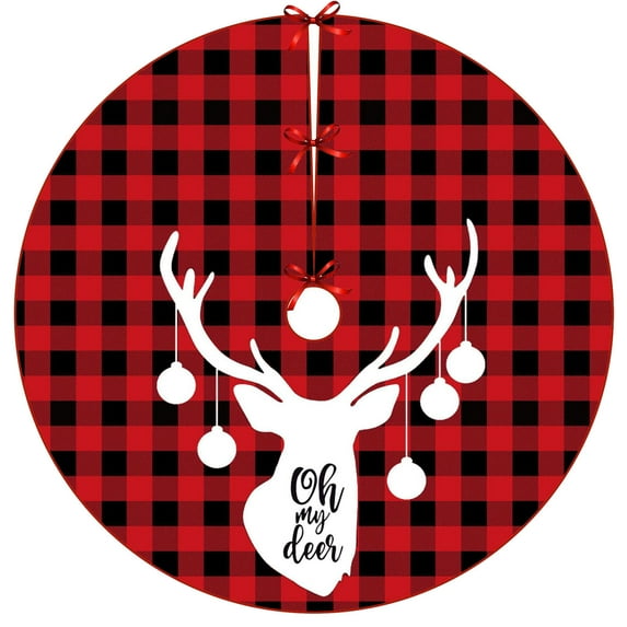 LanSuare Christmas Tree Skirt, 35Inches Red Black Plaid Xmas Tree Skirt Mat with Reindeer Snowflake Pattern for Indoor Outdoor Merry Christmas Holiday Party Decor
