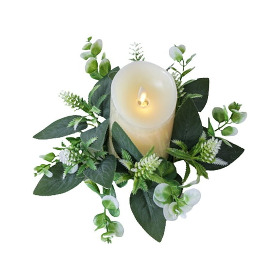 LanSuare Artificial Floral Wreaths Rose Candle Rings with Green Leaves White Flower for Wedding Pillar Centerpiece Party Table Decor