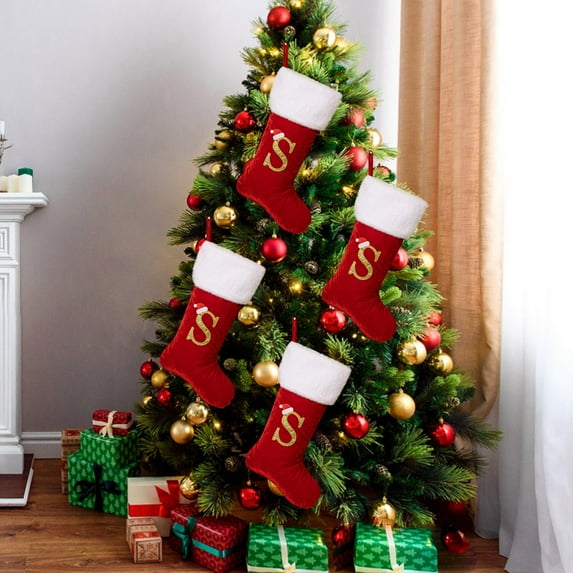 LanSuare Cristmas Stockings with Initials, 18Inches Large Golden Velvet Letter Knit Red White Christmas Stocking for Family Holiday Decorations,Xmas Tree(S)