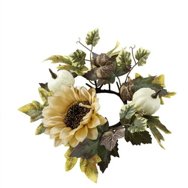 LanSuare Fall Candle Rings Wreaths, Thanksgiving Artificial Sunflower Pumpkin Maple Leaf Candle Garland, for Wedding Centerpieces, Fall Table Decor