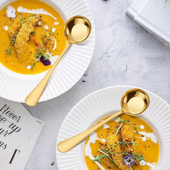 LanSuare Flat Bottomed Spoons, 7.5 Inch Stainless Steel Table Soup Spoons with Long Handles, for Dining, Restaurant, Home Use