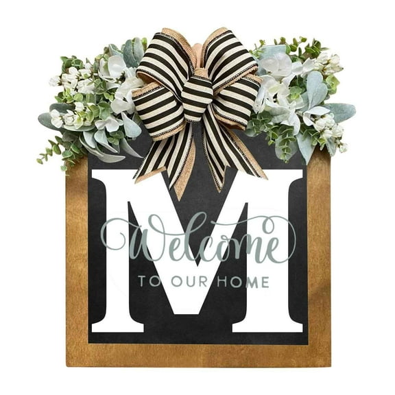 LanSuare Last Name Year Round Front Door Wreath, 26 Letter Farmhouse Wooden Hanging Sign Door Decoration Wreath, All Seasons Wreath for Home, Indoor, Outdoor