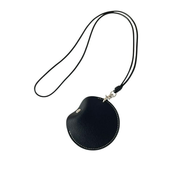 LanSuare Leather Headphone Pouch with Neck Strap, Round Compact Storage Case for Earphones, Coins, Keys, Gym Locker & Travel Essentials Organizer