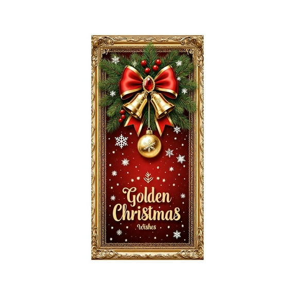 LanSuare Merry Christmas Door Cover Decoration, Wreath with Bow Bell Xmas Background Banner Door Hanging Covers, for Winter Party Decorations Supplies, 35x71Inch