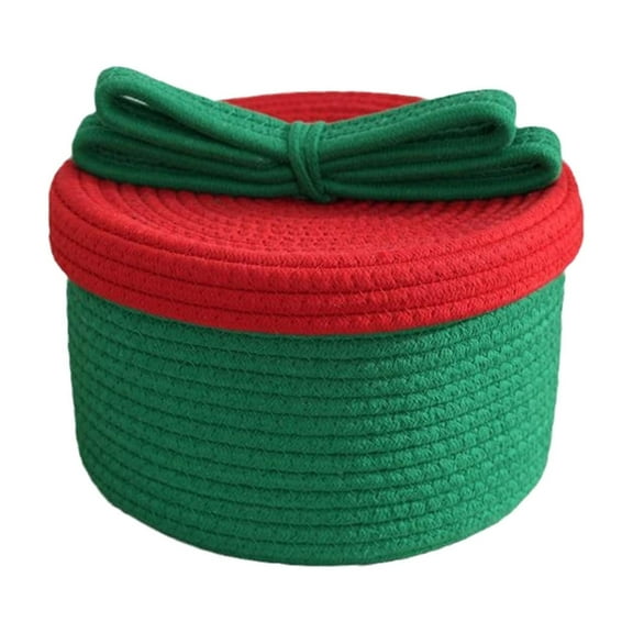 LanSuare Round Christmas Storage Baskets, Woven Cotton Rope Christmas Storage Basket with Red Lid, Suitable for Holiday Presents, Snacks Candy, Birthday Party Supplies,10"x7", Green