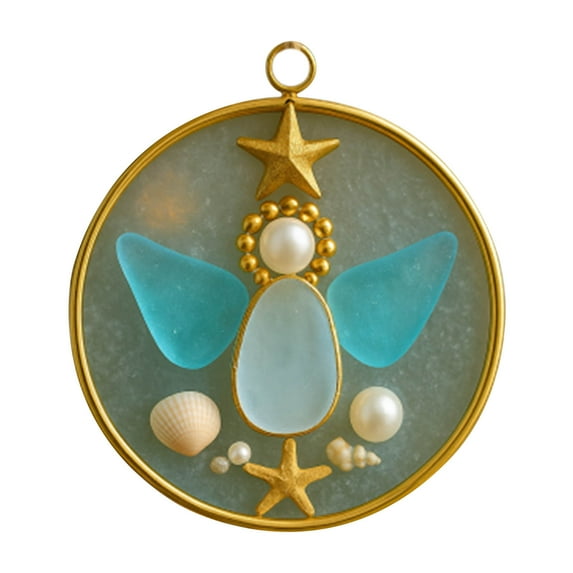 LanSuare Round-Shaped Sea Glass Angel Decor, 3.14Inch Acrylic Christmas Tree Hanging Ornaments, Xmas Holiday Keepsake Gift Family Ornament for Mom and Dad