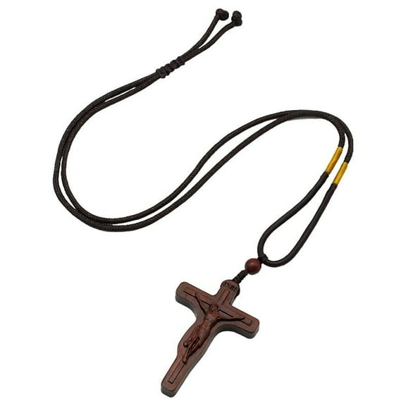 LanSuare Wooden Cross Necklace, Wood Cross Necklace with Hanging Rope, Mens Cross Necklaces, Wood Jewelry Christian Baptism Crucifix Pendant for Men