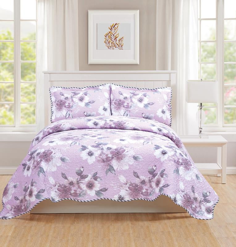 Lana 3 Piece Quilt bedspread Set Queen size Lavender
