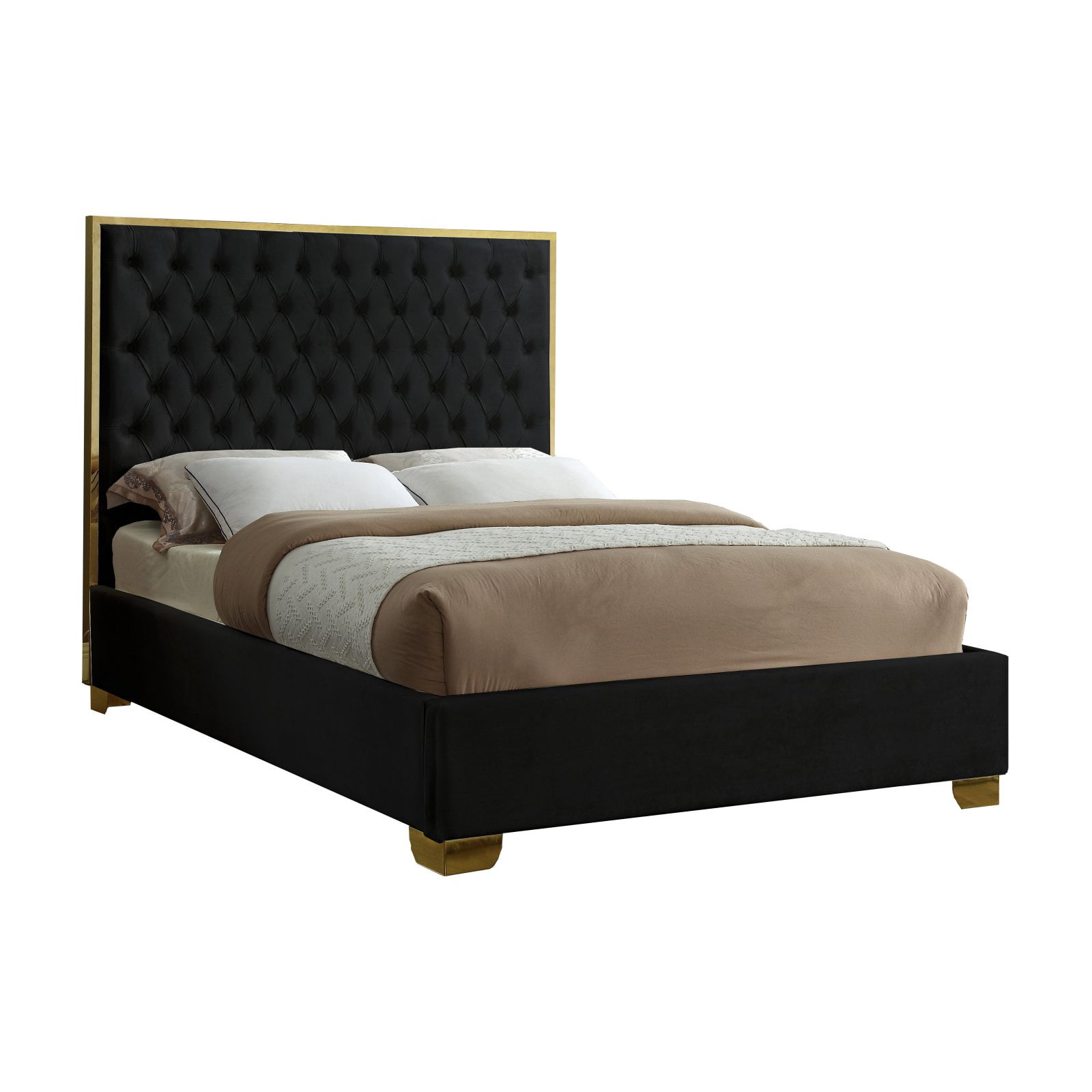 Lana Black Velvet Queen Bed with Gold Trim