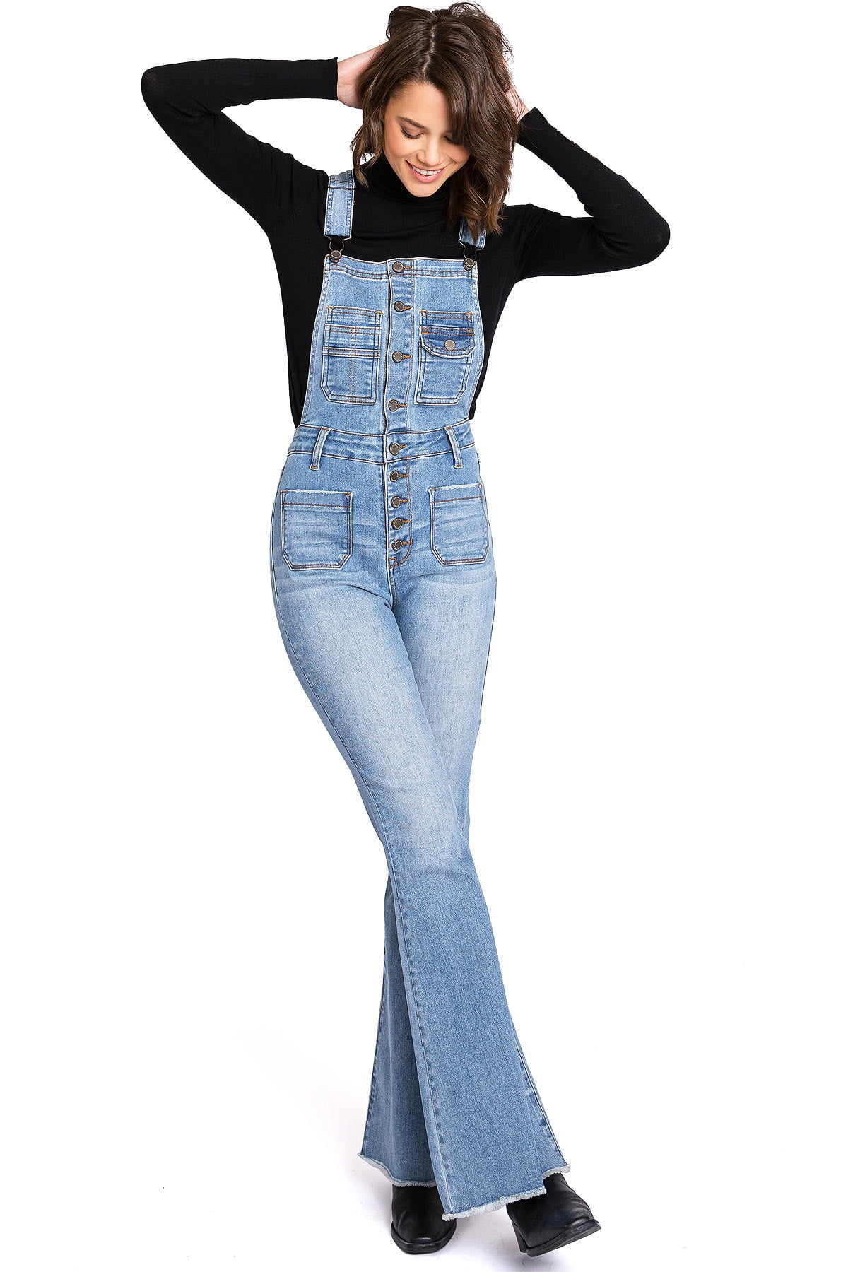 Lana Roux Button Bib Star Print Denim Jumpsuit Bell Bottom Flare Overalls Blue Denim X Small