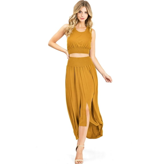 Lana Roux Women's Juniors Crop Top w Matching Hi-Lo Maxi Skirt (Camel, Medium)