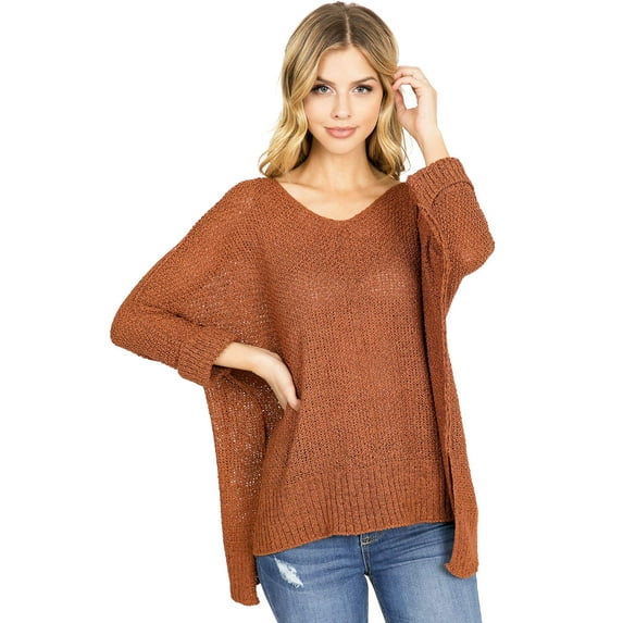 Lana Roux Women's Juniors Oversize Knit V-Neck Sweater Top (S/M, Rust)