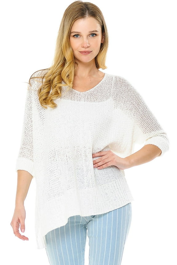 Women's Juniors Oversize Knit V-Neck Sweater Top (White, M/L)