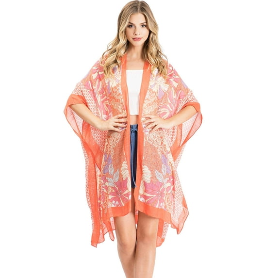 Lana Roux Women's Lightweight Floral Kimono Cardigan (One Size, Coral)