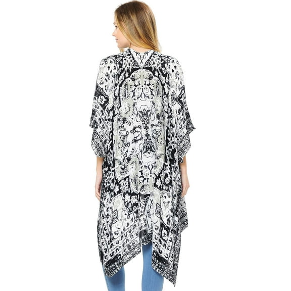 Lana Roux Women's Mix Print Oversize Soft Kimono Cardigan (Black / White, One Size)